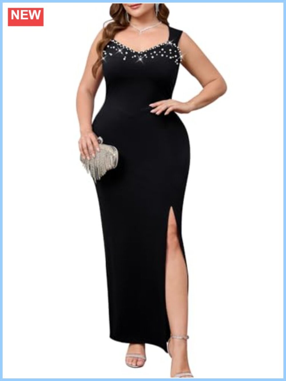 Plus Size Pearl Embellished Sweetheart Mermaid Prom Dress High Split Maxi
